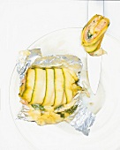 Zucchini pineapple role Hawaiian with aluminium foil on glass plate