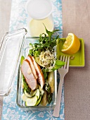 Asparagus salad with chicken breast, zucchini and lemon juice