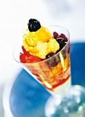 Close-up of vanilla ice cream with fruit garnish in glass