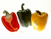 Red, yellow and green pepper on white background