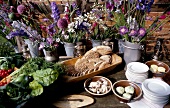 Various bouquets and buffet on table