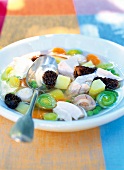 Chicken stew with morels in bowl