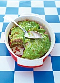 Savoy cabbage stew with lamb in serving dish