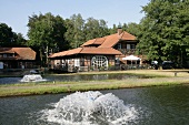 View of hotel with fountains