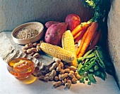 Healthy diet comprising of wheat, corn, peanuts, peas, carrots, sweet potato