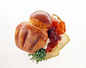 Close-up of stuffed brioche with dried beef and pears