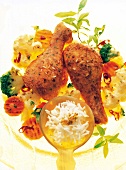 Close-up of chicken legs with coconut, ginger, whiskey, chilli vegetables and jasmine rice