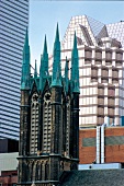 View of St. Michael's Cathedral surrounded with skyscrapers in Toronto, Canada