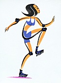 Illustration of woman standing on skating track with one leg up doing crunches