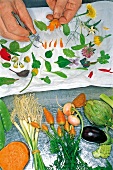 Leaves and flowers petal on white cloth with vegetables on side