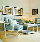 Rural seating in light blue colour of Hotel Ole Liesen guest room