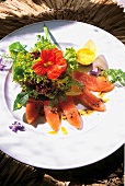Wildlachs mit Gartensalaten auf Teller in Weiß mit Blüte serviert
