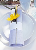 Gelbe Blume hält aufgerollte Stoff- serviette zusammen, weißer Teller.