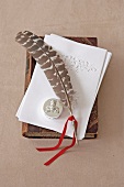 Feather pen and plated jewellery box on white papers