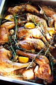 Close-up of chicken with lemon, rosemary and potatoes in roast pan