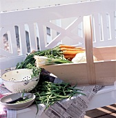 Möhren, Lauch und grüne Bohnen werden geputzt auf weißer Bank