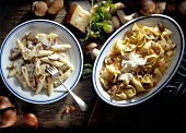 Penne rigate and pappardelle with porcini mushrooms on two plates