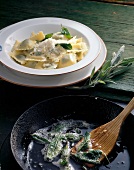 Ravioli with sage on plate and sage leaves being fried in pan