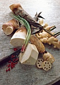 Close-up of bamboo shoots, lotus roots and ginger roots