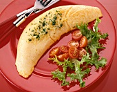 Omelette stuffed with herbs, cheese, tomato and lettuce on red plate