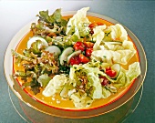 Close-up of salad with oak leaf, Batavia lettuce, tomatoes and cucumbers in bowl