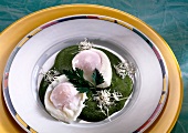 Close-up of poached eggs with spinach sauce on plate