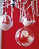 Close-up of decoration made of plexi glass balls filled with artificial snow