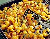 Fried potatoes with bacon and marjoram on baking tray