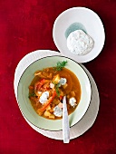 Sauerkraut and pepper soup in bowl with spoon