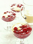 Three bowls of red fruit jelly with vanilla sauce