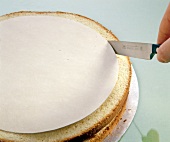 Cutting biscuit base with a knife and baking paper