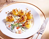 Potatoes with nuts and quark dip on plate
