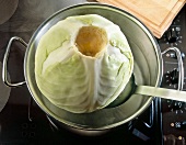 Cabbage being placed into water in cooking pot with skimmer