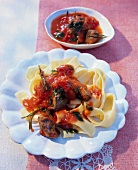 Pappardelle with chicken liver on plate