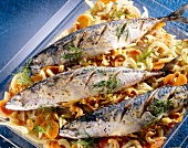 Mackerel with fennel and walnut stuffing with vegetables on plate