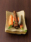 Various varieties of carrots on paper napkins