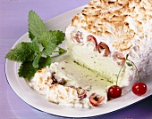 Close-up of vanilla ice cream with cherries, meringue and lemon balm on serving dish