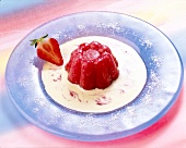 Rhubarb jelly with custard and strawberry puree on plate