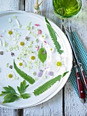 Freshly picked flowers on plate with glass and knife