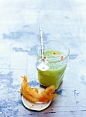 Cucumber and wasabi soup with crispy fried lobster