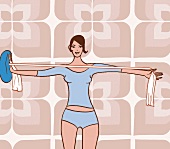 Illustration: Frau macht eine Übung mit Thera-Band und Kissen für Nacken