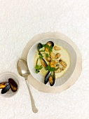 Mussel soup with curry and chervil leaves in bowl