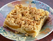 Piece of crumb cake with apricots on plate