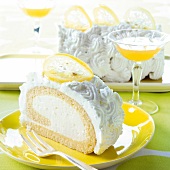 Lemon cream sponge roll on yellow plate