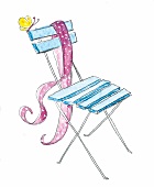 blauer Stuhl mit rosa Tuch und einem Schmetterling