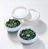 Herbs in round plastic containers on white background