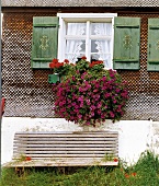 Bench in front of farmhouse with flowers outside the window