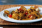 Curry, Curry vom Stubenküken mit Pioppini-Pilzen und Auberginen
