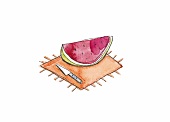 Wassermelone zusammen mit einem Küchenmesser auf einer Unterlage