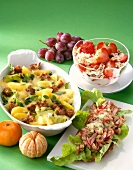 Potato leek casserole, cereal with strawberries, bread topped with shrimps and mandarins